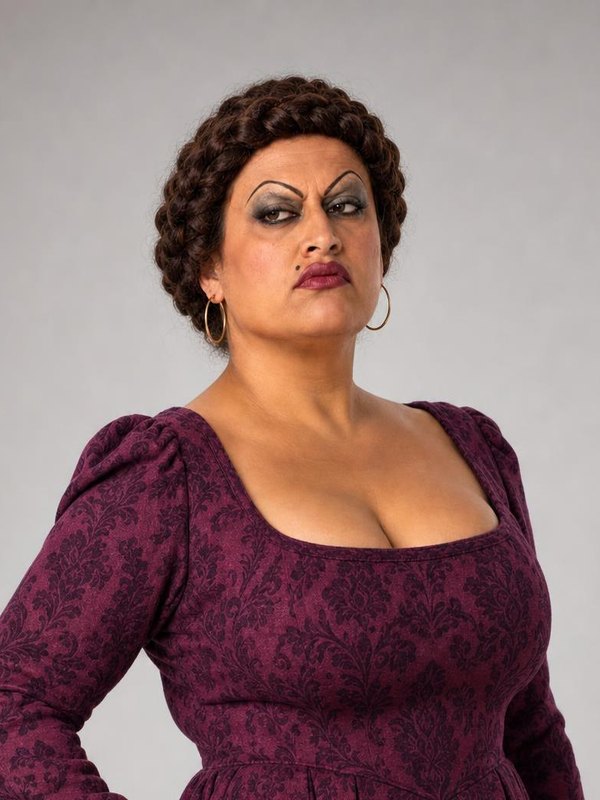 Doris da Silva com tranças, argolas douradas e vestido de damasco ameixa